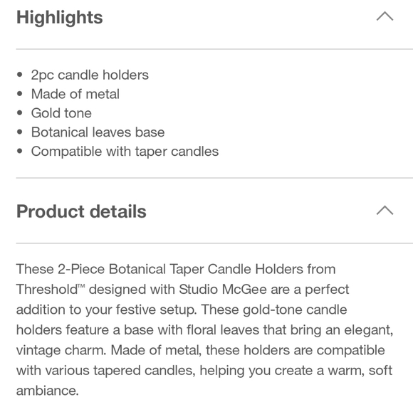 Studio McGee Threshold Botanical Gold Leaf Taper Candle Holders Metal Brass Targ - Picture 12 of 13